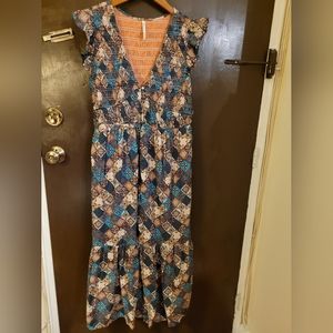 Anthropologie Blue and Brown Maxi Dress